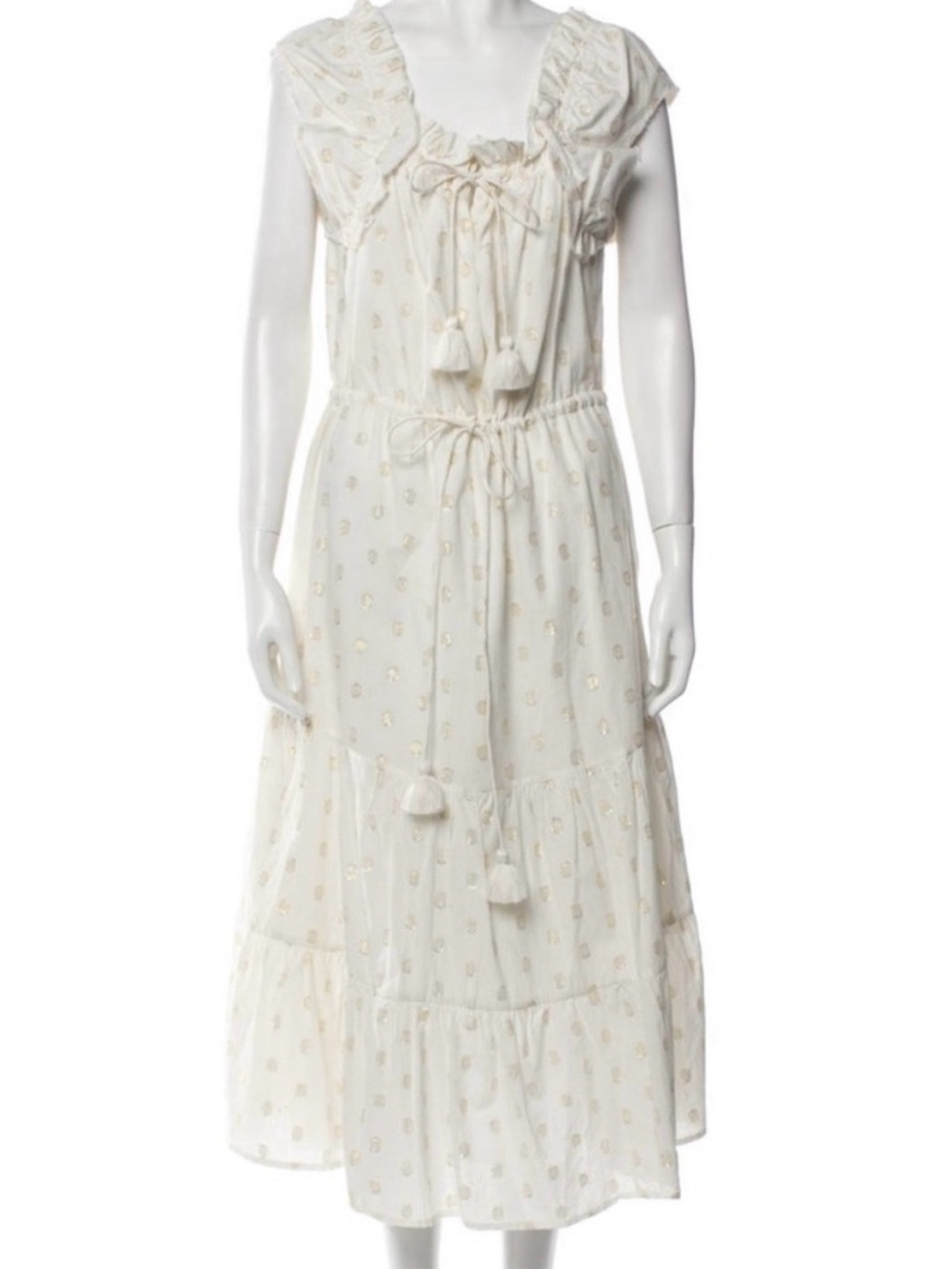 Women’s FIGUE Cream Tassel Tiered Maxi Dress, adjustable waist Size X SMALL - Picture 3 of 8